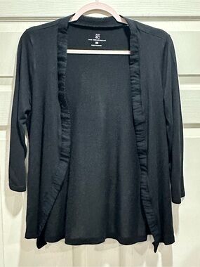 New York & Company Black Open-Front Ruffled Trim Cardigan